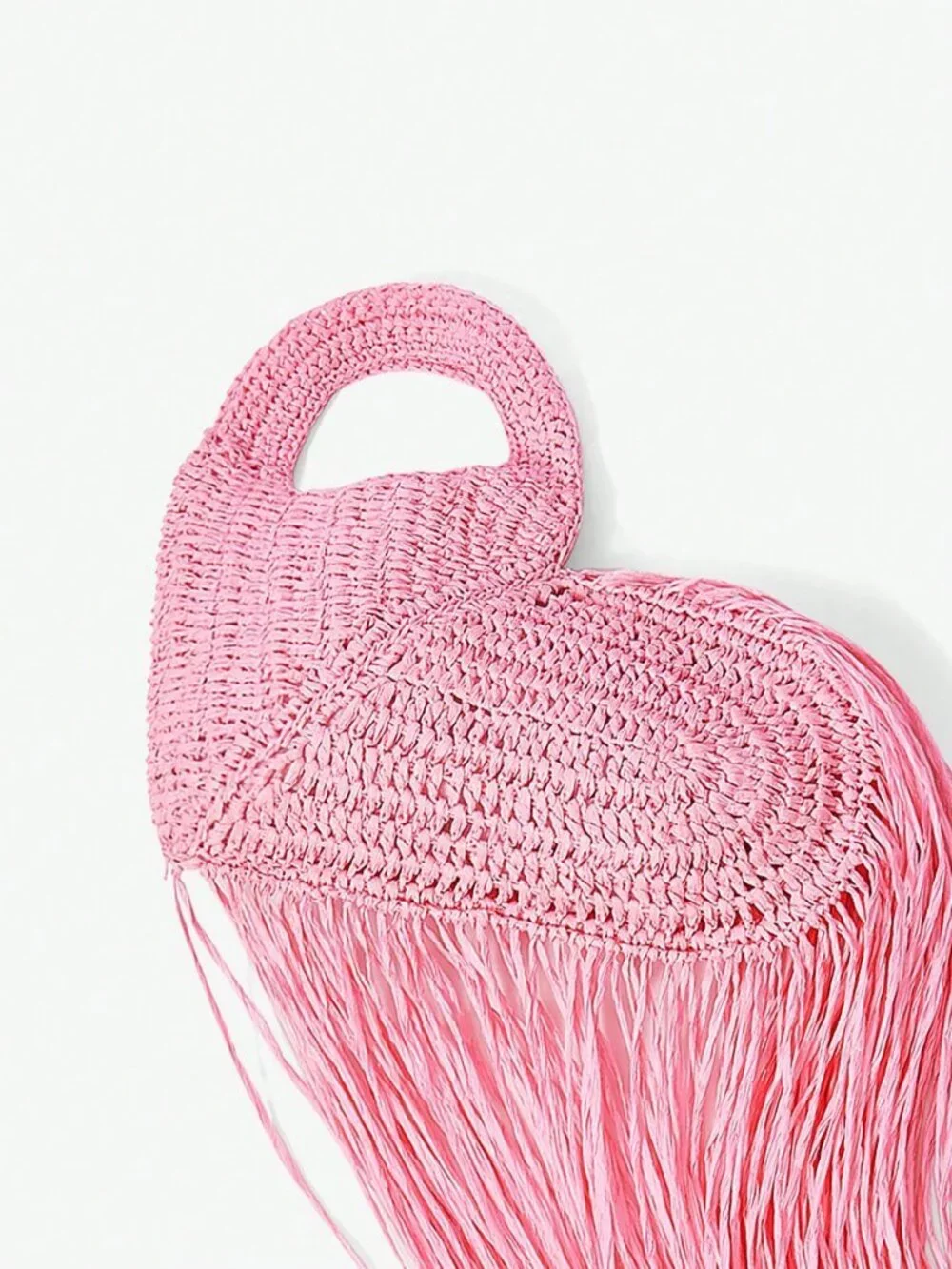 Pink Women's Heart-Shaped Tassel Straw Woven Hobo Shoulder Bag